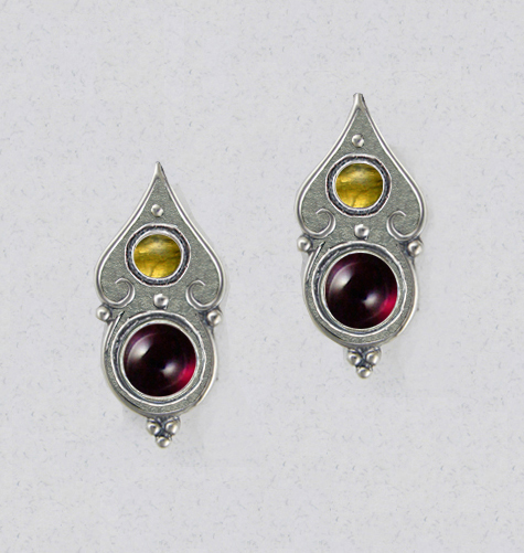 Sterling Silver Gothic Look Post Stud Earrings With Garnet Citrine And Garnet Citrine